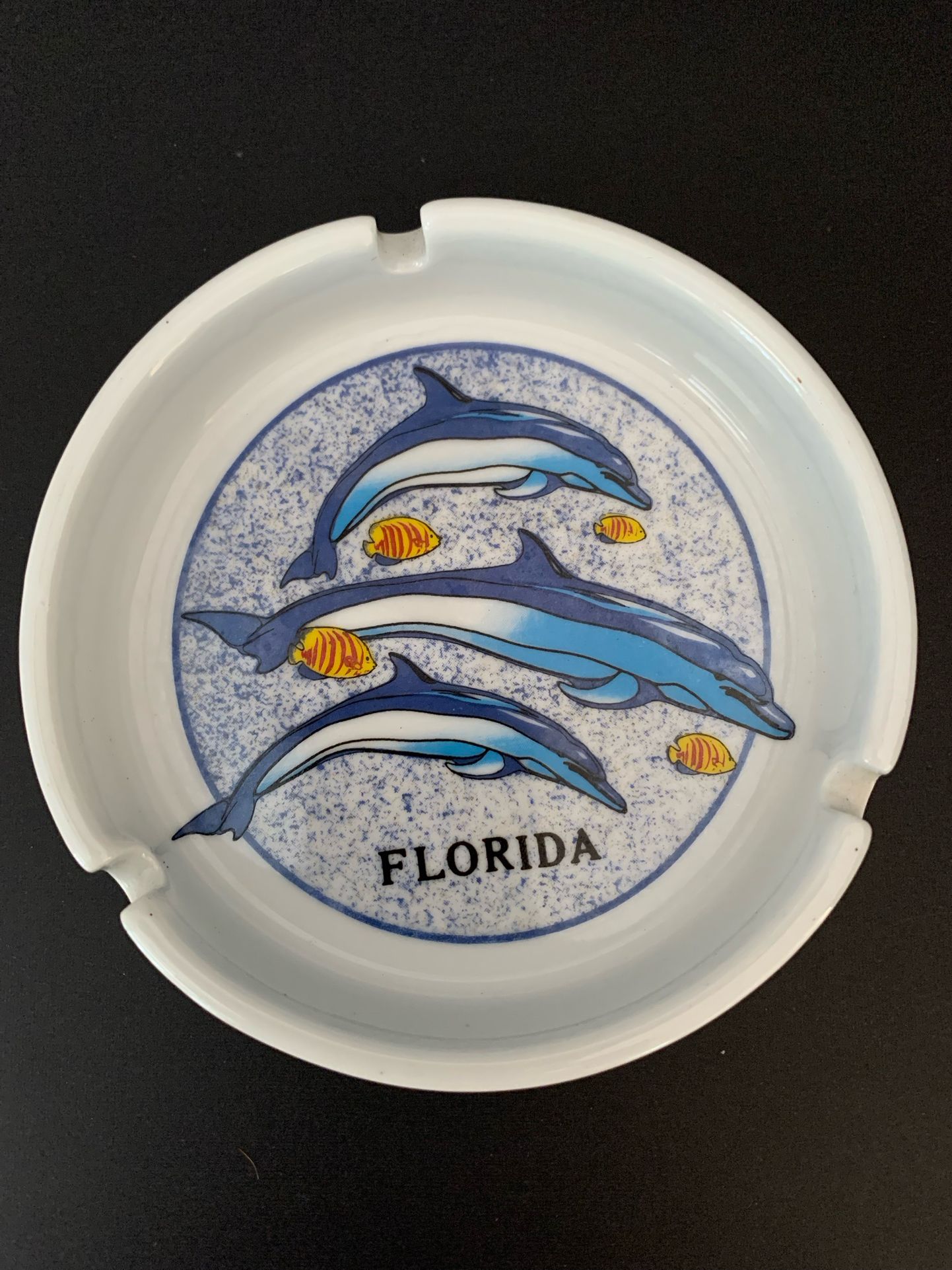 Florida Souvenir Ashtray 5" Ceramic w/Dolphins & Fish Vintage