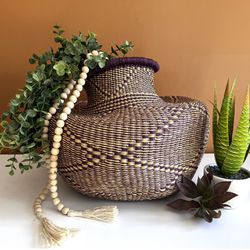 Handmade African Woven Basket Large Weaved Straw Basket Vase Boho Decor Bohemian Chic