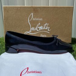 CHRISTIAN LOUBOUTIN SWEETIE JANE BALLERINA FLATS NAVY BLUE PAT. LEATHER SZ.38.5