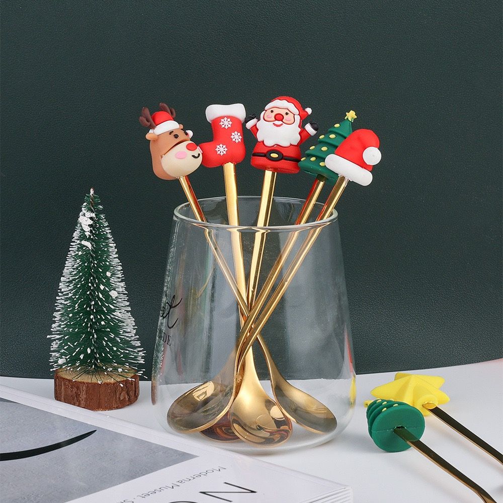 6PCs Stainless Steel Christmas Spoon Set Golden Christmas Cutlery Flatware Sets