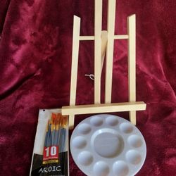 New Wood 12 In Ht Easel , 10 Artist Brushes and Paint Palette 