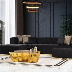 Elisha Velvet Black Double Chaise Sectional /couch 