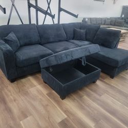 New 2pc Sectional With Storage Ottoman In Black Corduroy 