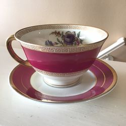 Vintage Dark Pink & Gold Floral Teacup & Saucer Set 