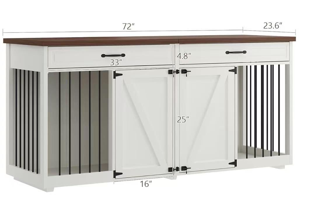 🥨72"Wx23.6”Dx32”H Style Dog Crate, Indoor Wooden Dog Kennel Furniture with 2 Drawers & Room Divider, White, please check photo 6-8