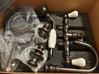 3-Handle Claw Foot Tub Faucet with Labeled Porcelain Lever Handles and Handshower in Oil Rubbed Bronze