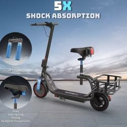 Electric Scooter with Seat & Basket, 350W Motor, 8.5'' Solid Tires, Top Speed 19mph, Max 16/27 Miles Ranges, Foldable E-Scooter with Suspension, Digit