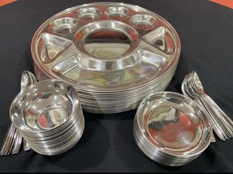 Stainless steel Dinner set-8 Compartment 14" plates, bowls, dish+spoons For 18- Steel