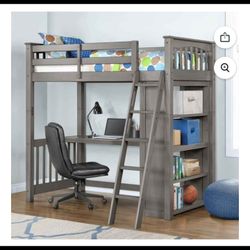 Maxson Twin Loft Bed With Desk And Bookshelf, Gray Finish