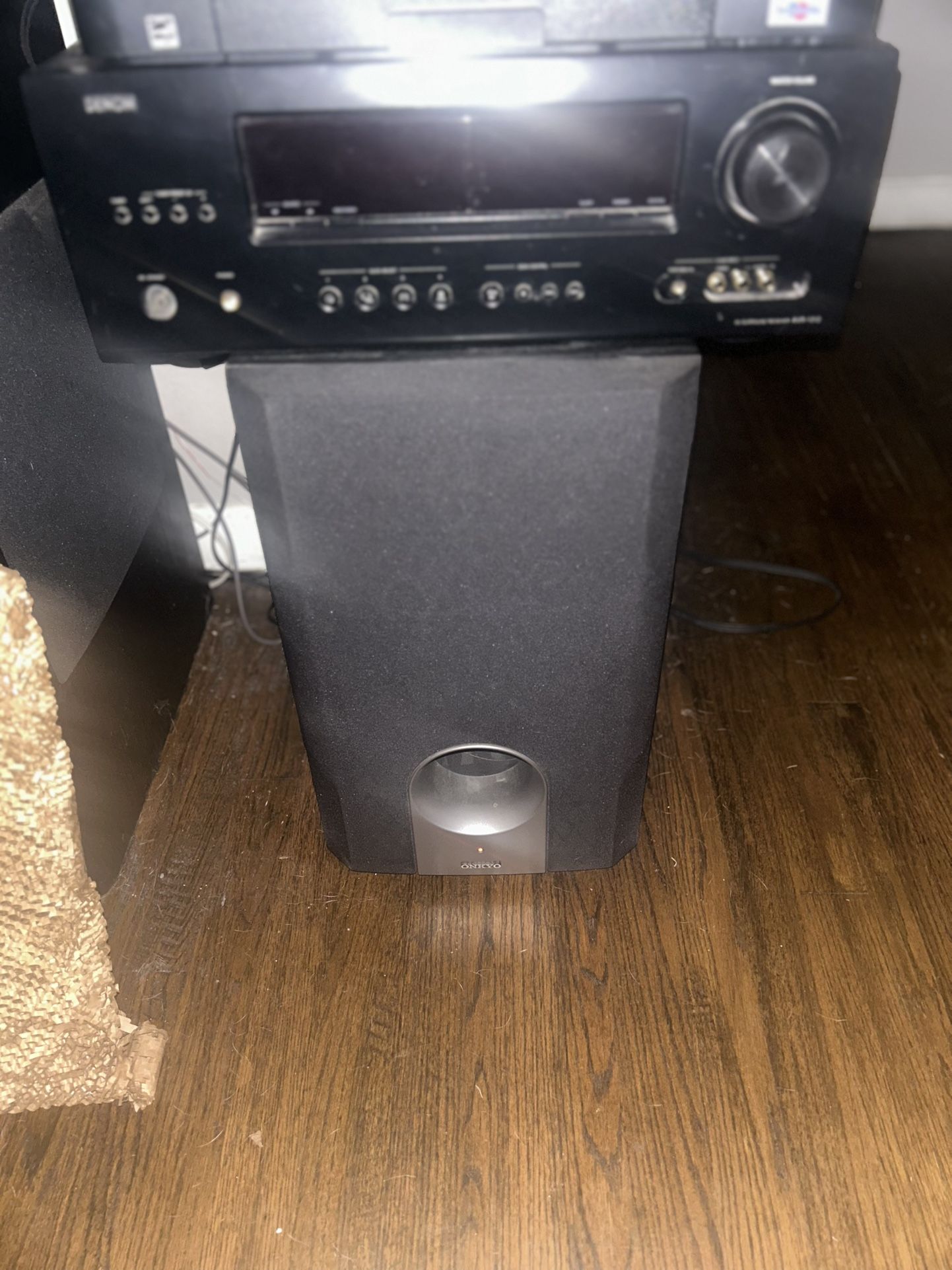 Selling Denon AV-1312 Surround receiver 330 watts Onkyo powered Sub 150 watts asking 180 for all no speakers amazing system