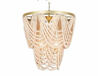 0635: NEW 6-Light Bohemia Wood Beaded Chandelier for Dining Room, Coastal Pendant Light for Bedroom, Modern Farmhouse Light Fixtures for Entryway, Gol