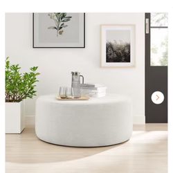 Callum Large 38 in. Round Woven Heathered Fabric Upholstered Ottoman in Heathered Weave Ivory