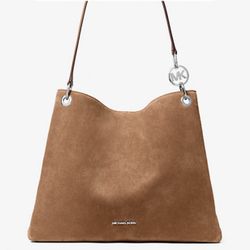 Michael Kors Christina Large Suede Triple Gusset Shoulder Bag Handbag Driftwood