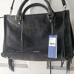 NEW REBECCA MINKOFF BLACK LEATHER FRINGE REGAN SATCHEL TOTE  BAG  ADJUSTABLE CROSSBODY STRAP  14 1/2"X9"X3 1/2"
