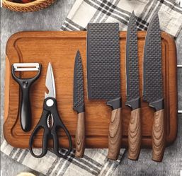 Black Kitchen Knife Set with Wood-Grain Handles