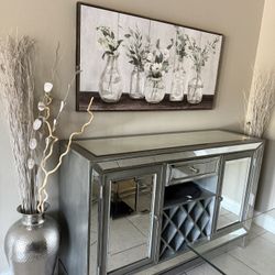 Modern Glam Mirrored Server Cabinet with Wine Rack + Large Silver Floor Vase