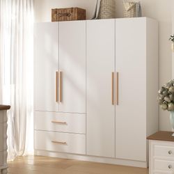 4 Doors Wardrobe Armoire Closet, Armoire Dresser with 2 Drawers for Bedroom, Wooden Wardrobe Cabinet for Hanging Clothes, Clothes Organizer, White Typ