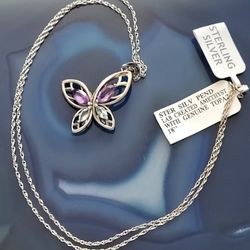 NWT Silver Butterfly Topaz Amethyst Pendant Necklace 