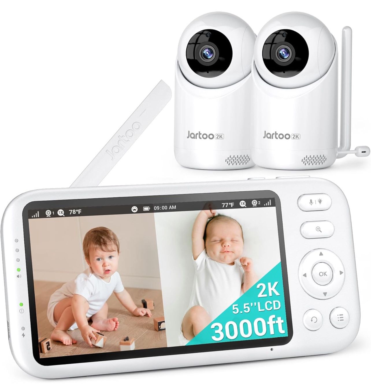 2K Video Baby Monitor with 2 Cameras and Audio, 3000ft Long Range Baby Monitor No WiFi, 5.5" Split Display, VOX - AI Cry Detect, ANR, IR Night Vision,