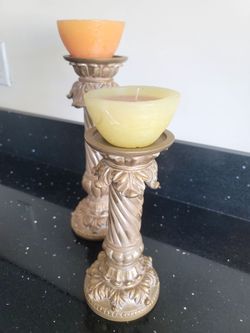 Ornate Silver Pillar Candlestick Holders Set of 2