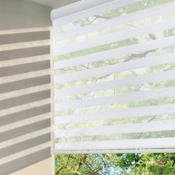 Zebra Style Cordless Roller Shade with Casing, Two Layers of Mesh and Blackout Fabric for Day and Night, 33 Inches Wide, White