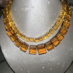 Vintage Art Deco Czech 40" Glass Bead Necklace Cut Glass Cube Gold Amber Knoted