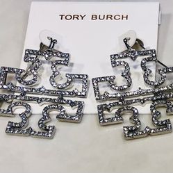 Tory Burch Britten silver crystal double T logo dangle statement earrings