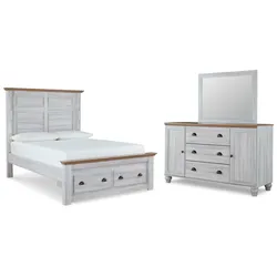 Haven Bay Queen Panel Storage Bed with Mirrored Dresser Last Chance Warehouse Blowout