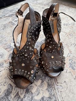 Prada Brown Leather Studded Heeled Sandals