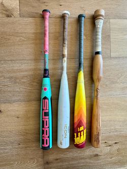 30" Travel Baseball Bat Lot – Louisville Supra (-8), Rawlings Icon (-10), Easton Hype Fire (-8), CamWood Trainer
