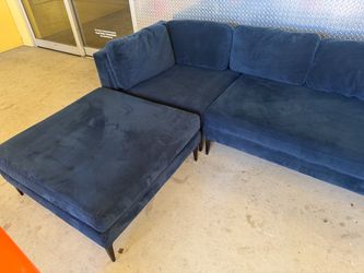West elm Blue Velvet sofa with ottoman