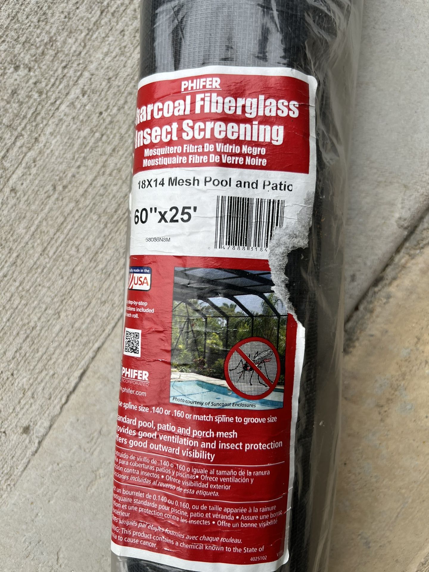 60 in. x 25 ft. Charcoal Fiberglass Pool and Patio 18 x 14 Mesh Screen Roll