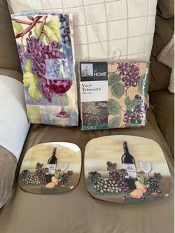 New At Home with Meijer Grape Wine Tablecloth, Dish Towel and 2 Hot plates