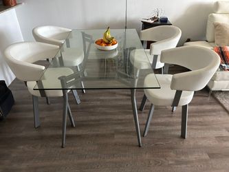 GLASS DINING SET WHITE CHAIRS 5 Piece
