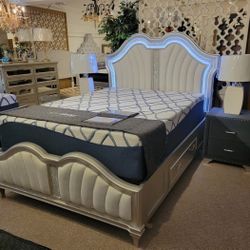 New Queen Bed LED Lights  &  Storage Modern Glam