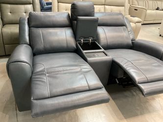 New Grey Leather DualPower Reclining Loveseat with Center Console