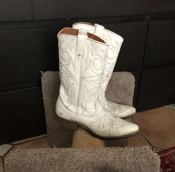 Teen Girl Western White Leather Boots 👢 Size 8-1/2