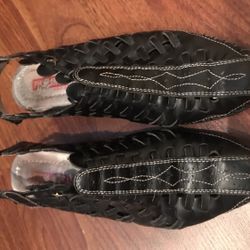 Pikolinos Romana Black Leather Sling-Back Woven Fisherman Wedge Shoes Size 38 / 7.5