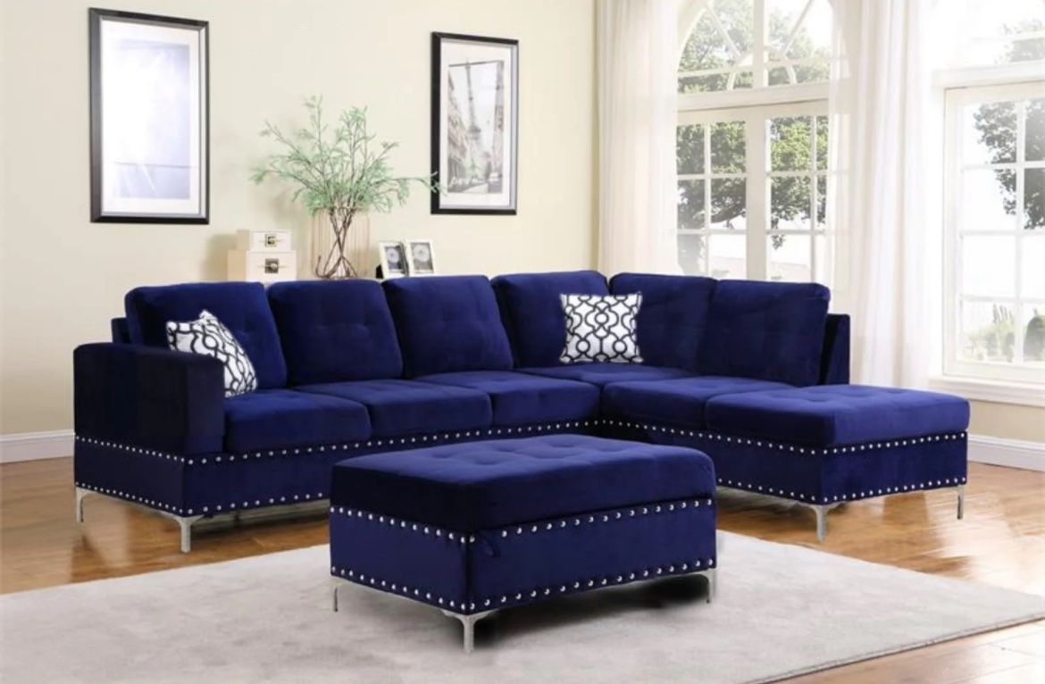 Navy Blue Sectional, Hightop Wooden table & 4 Hightop Chairs 