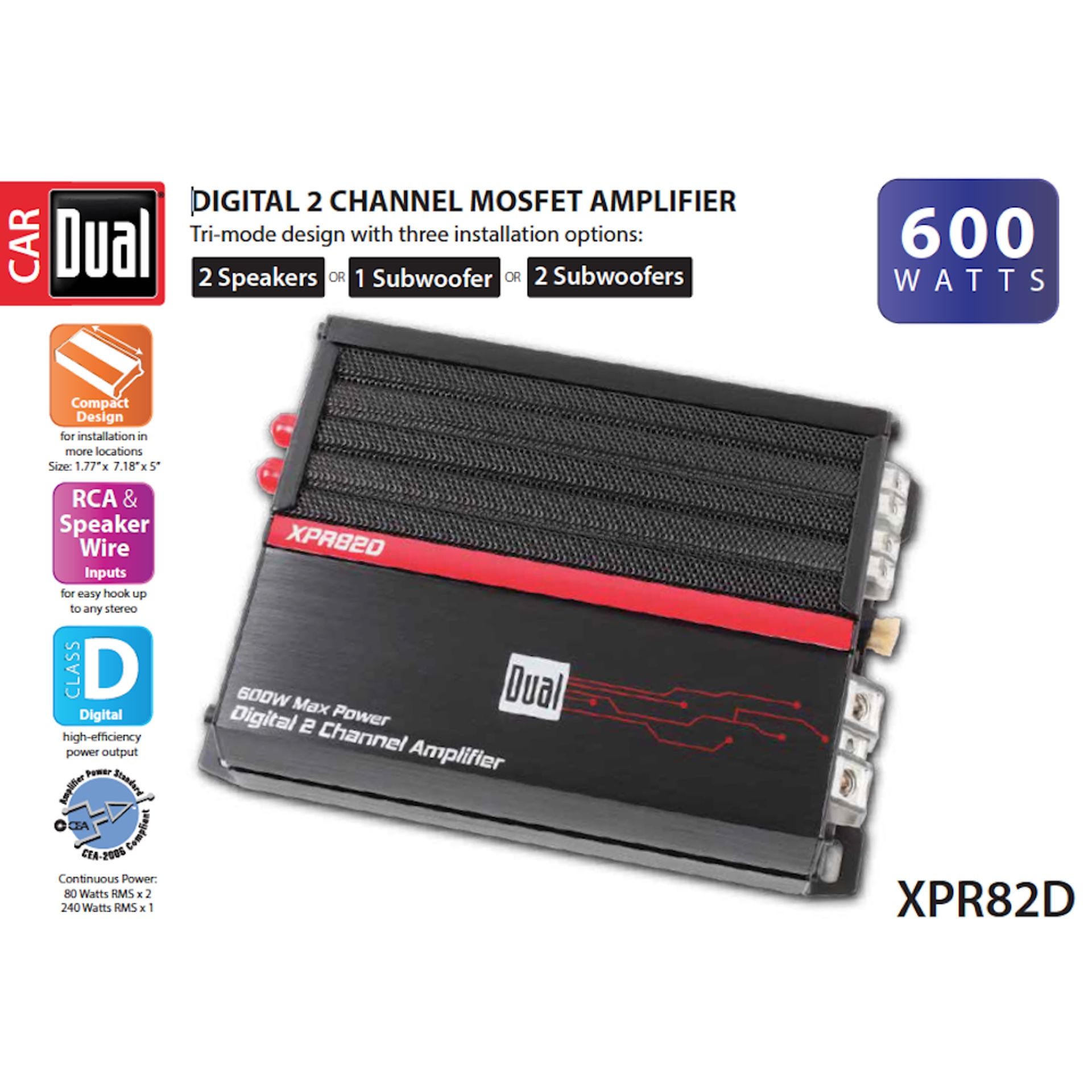 Dual Electronics XPR82D 2/1 High Performance Power MOSFET Class D Car Amplifier with 600-Watts of Dynamic Peak Power