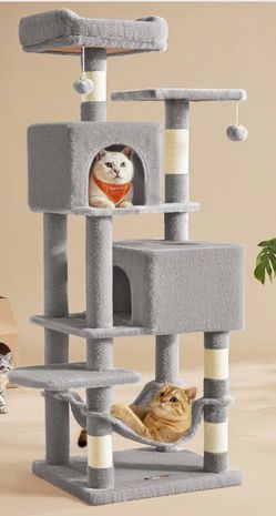 59.5-Inch Tall Cat Tower, Multi-Level Condo, Light Gray