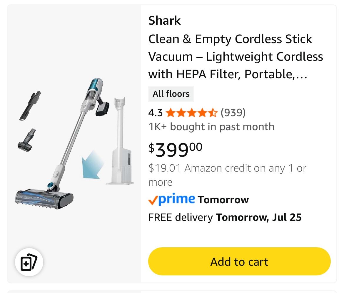 Shark Detect Clean & Empty Cordless Stick Vacuum with Powerfins Brushroll and Auto