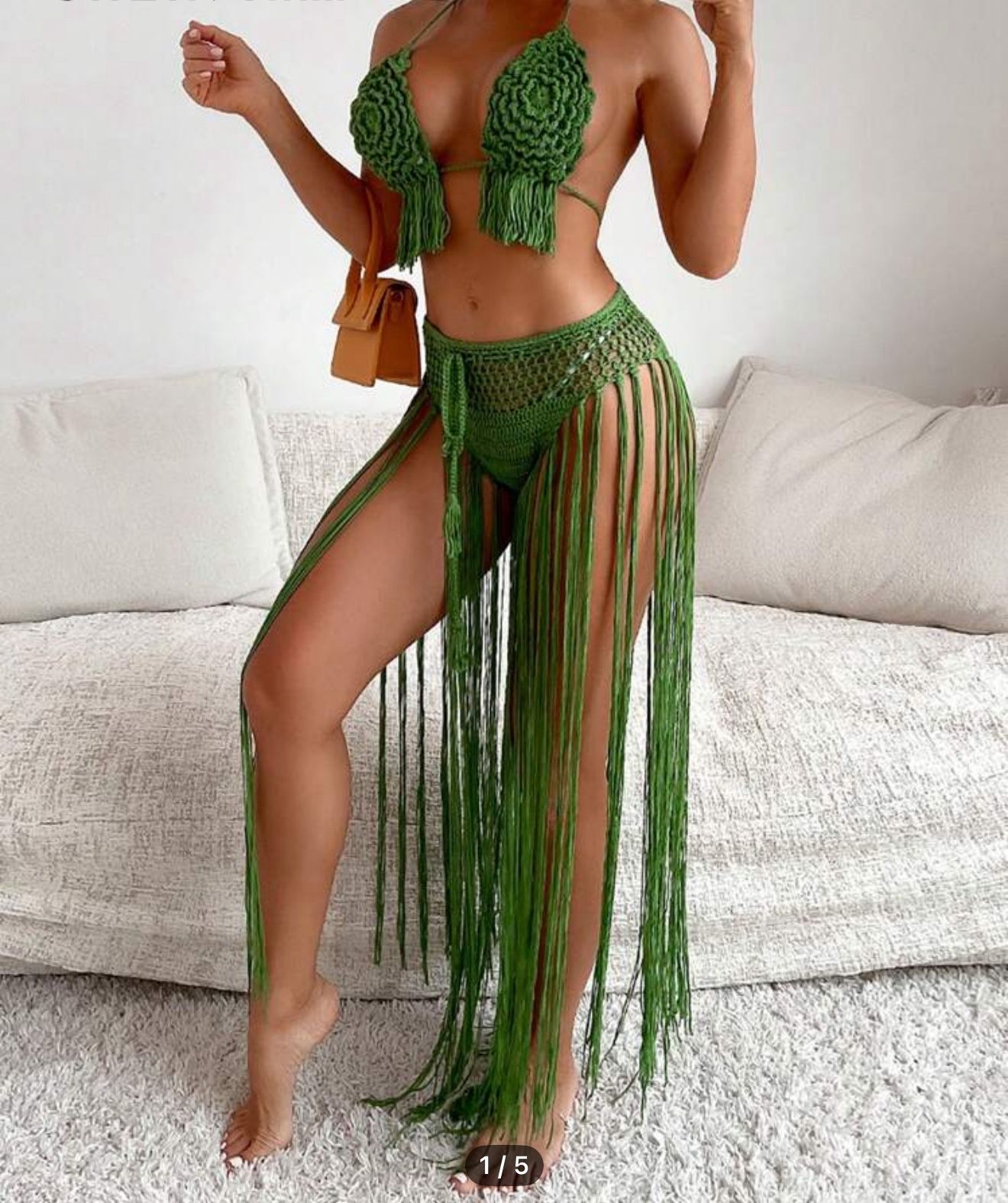 Crochet bikini fringe halter, top, and bottom