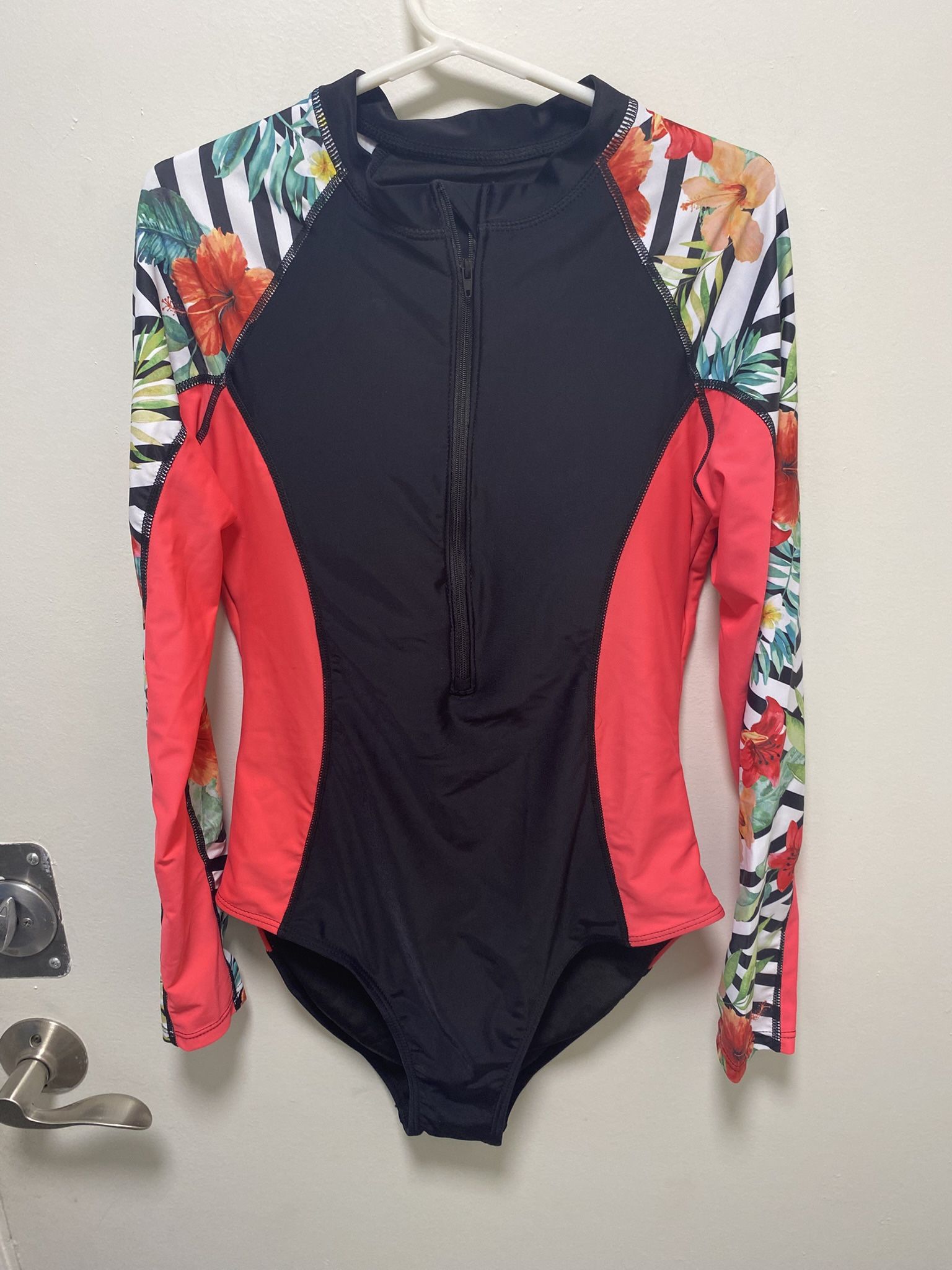 Daci,Bold Orange and Black tropical,Long Sleeve One Piece Swimsuit,Size S,zipper