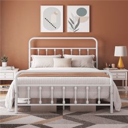 Queen Size Metal Platform Bed with High Headboard, White