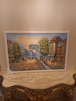 Framed Paris Street Scene Oil Painting