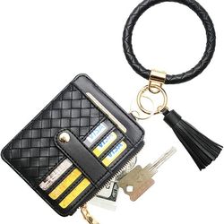 Wristlet Bracelet Keychain Pocket Credit Card Holder Purse Tassel Keychain Bangle Key Ring for Women