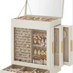 SONGMICS Jewelry Box with Glass Window, 5-Layer Jewelry Organizer with 3 Side Drawers, Jewelry Storage, with Big Mirror, Modern, 6.1 x 10.3 x 12.6 Inc