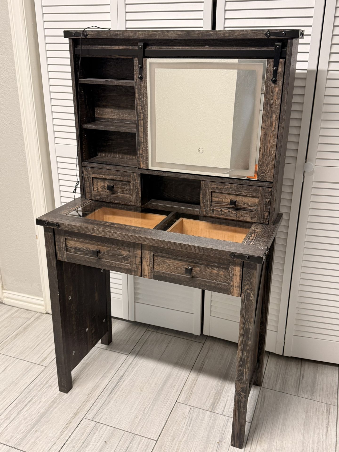 Rustic Farmhouse Vanity Desk w/Lighted Mirror & Storage