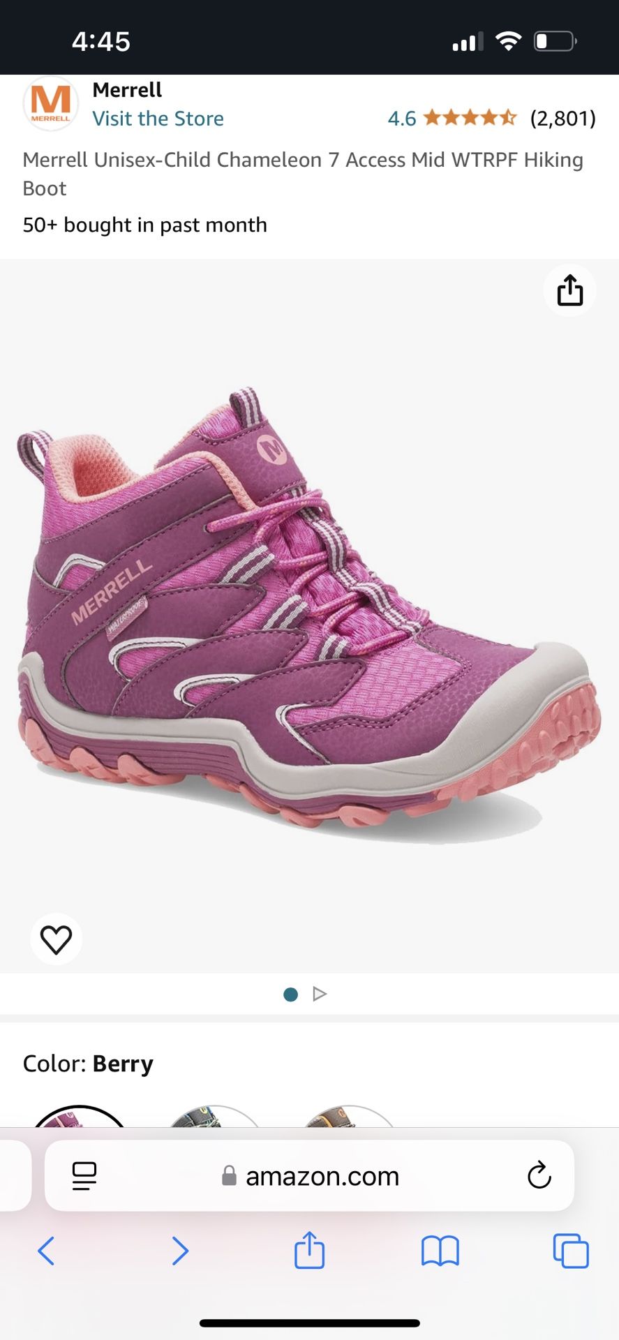 Merrell Unisex-Child Chameleon 7 Access Mid WTRPF Hiking Boot Size 2